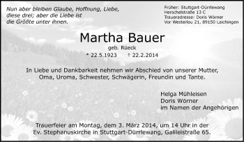 Traueranzeige von Martha Bauer von Stuttgarter Zeitung / Stuttgarter Nachrichten