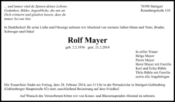 Traueranzeige von Rolf Mayer von Stuttgarter Zeitung / Stuttgarter Nachrichten