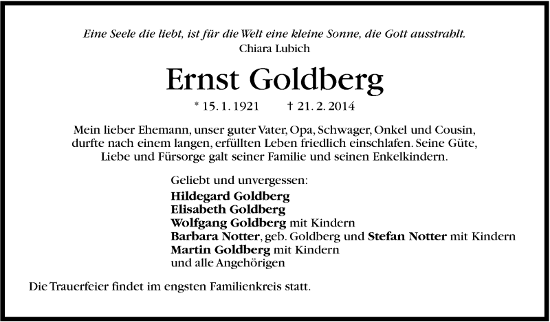 Traueranzeige für Ernst Goldberg vom 25.02.2014 aus Stuttgarter Zeitung / Stuttgarter Nachrichten