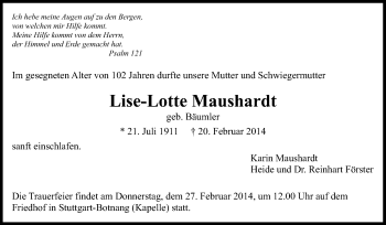 Traueranzeige von Lise-Lotte Maushardt von Stuttgarter Zeitung / Stuttgarter Nachrichten