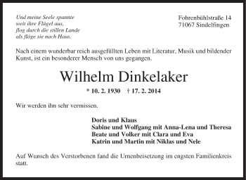 Traueranzeige von Wilhelm Dinkelaker von Stuttgarter Zeitung / Stuttgarter Nachrichten