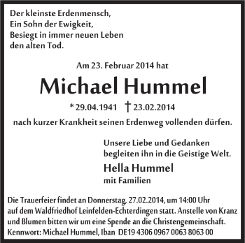 Traueranzeige von Michael Hummel von Stuttgarter Zeitung / Stuttgarter Nachrichten