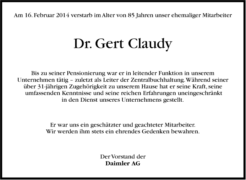  Traueranzeige für Gert Claudy vom 26.02.2014 aus Stuttgarter Zeitung / Stuttgarter Nachrichten