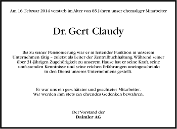 Traueranzeige von Gert Claudy von Stuttgarter Zeitung / Stuttgarter Nachrichten