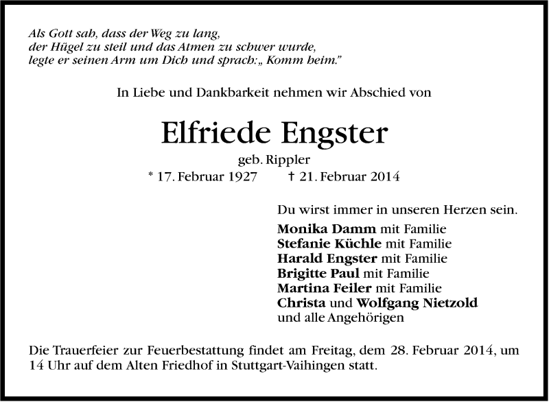  Traueranzeige für Elfriede Engster vom 26.02.2014 aus Stuttgarter Zeitung / Stuttgarter Nachrichten