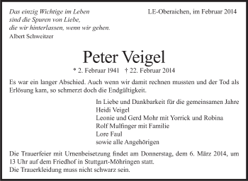 Traueranzeige von Peter Veigel von Stuttgarter Zeitung / Stuttgarter Nachrichten
