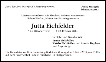 Traueranzeige von Jutta Eichfelder von Stuttgarter Zeitung / Stuttgarter Nachrichten