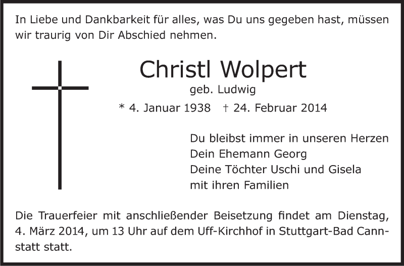  Traueranzeige für Christl Wolpert vom 01.03.2014 aus Stuttgarter Zeitung / Stuttgarter Nachrichten