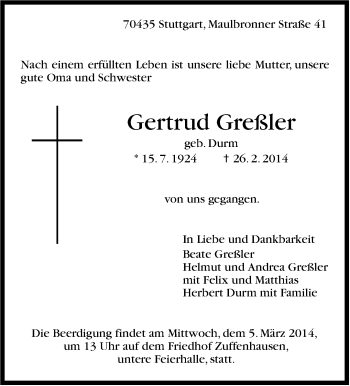 Traueranzeige von Gertrud Greßler von Stuttgarter Zeitung / Stuttgarter Nachrichten