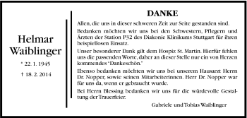 Traueranzeige von Helmar Waiblinger von Stuttgarter Zeitung / Stuttgarter Nachrichten