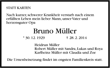 Traueranzeige von Bruno Müller von Stuttgarter Zeitung / Stuttgarter Nachrichten