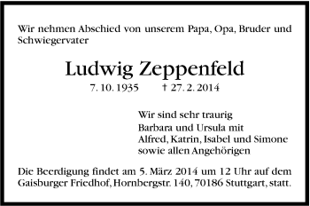 Traueranzeige von Ludwig Zeppenfeld von Stuttgarter Zeitung / Stuttgarter Nachrichten