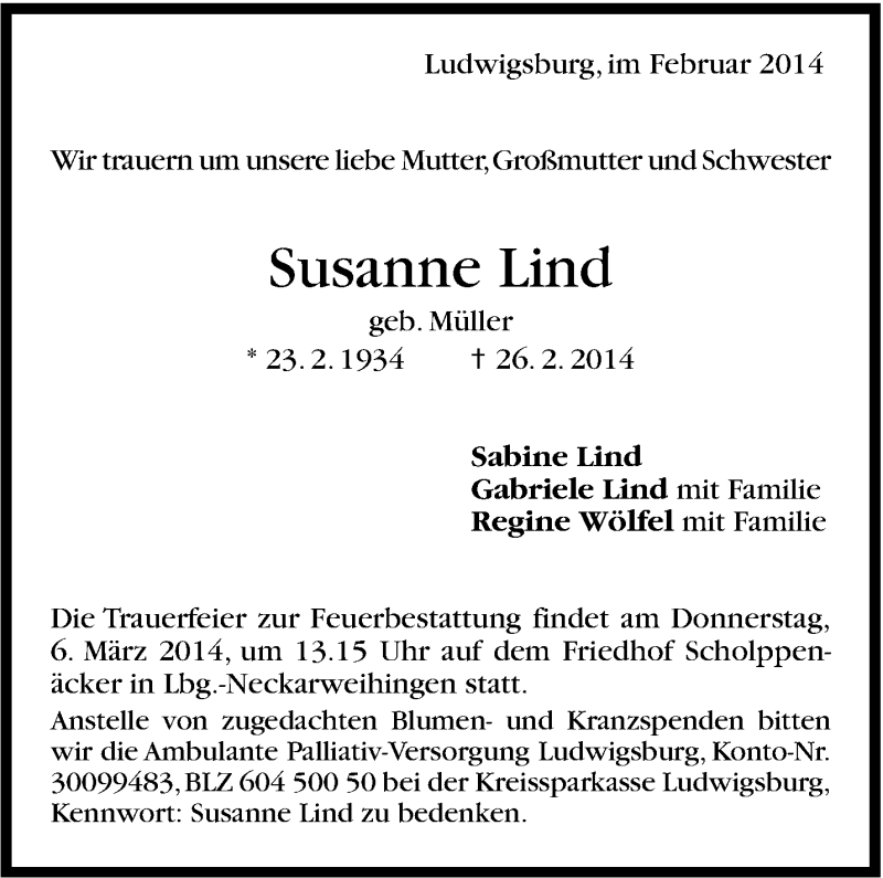  Traueranzeige für Susanne Lind vom 01.03.2014 aus Stuttgarter Zeitung / Stuttgarter Nachrichten