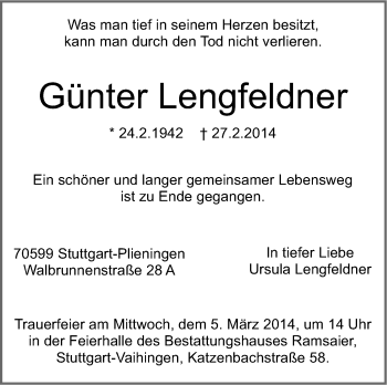 Traueranzeige von Günter Lengfeldner von Stuttgarter Zeitung / Stuttgarter Nachrichten