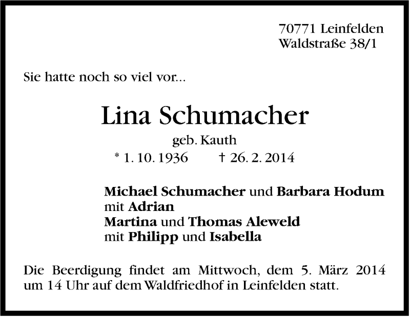  Traueranzeige für Lina Schumacher vom 01.03.2014 aus Stuttgarter Zeitung / Stuttgarter Nachrichten