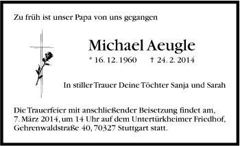 Traueranzeige von Michael Aeugle von Stuttgarter Zeitung / Stuttgarter Nachrichten