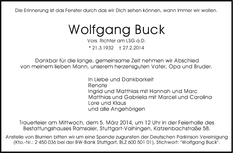  Traueranzeige für Wolfgang Buck vom 03.03.2014 aus Stuttgarter Zeitung / Stuttgarter Nachrichten