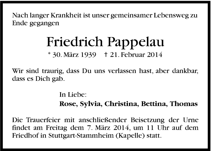  Traueranzeige für Friedrich Papplau vom 05.03.2014 aus Stuttgarter Zeitung / Stuttgarter Nachrichten