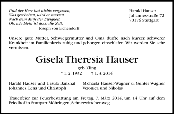 Traueranzeige von Gisela Theresia Hauser von Stuttgarter Zeitung / Stuttgarter Nachrichten