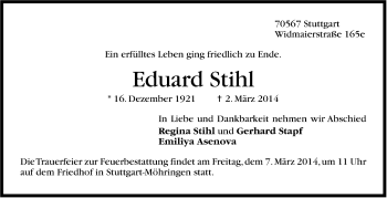 Traueranzeige von Eduard Stihl von Stuttgarter Zeitung / Stuttgarter Nachrichten