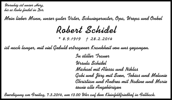 Traueranzeige von Robert Schidel von Stuttgarter Zeitung / Stuttgarter Nachrichten