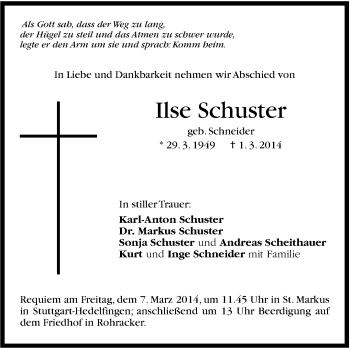 Traueranzeige von Ilse Schuster von Stuttgarter Zeitung / Stuttgarter Nachrichten