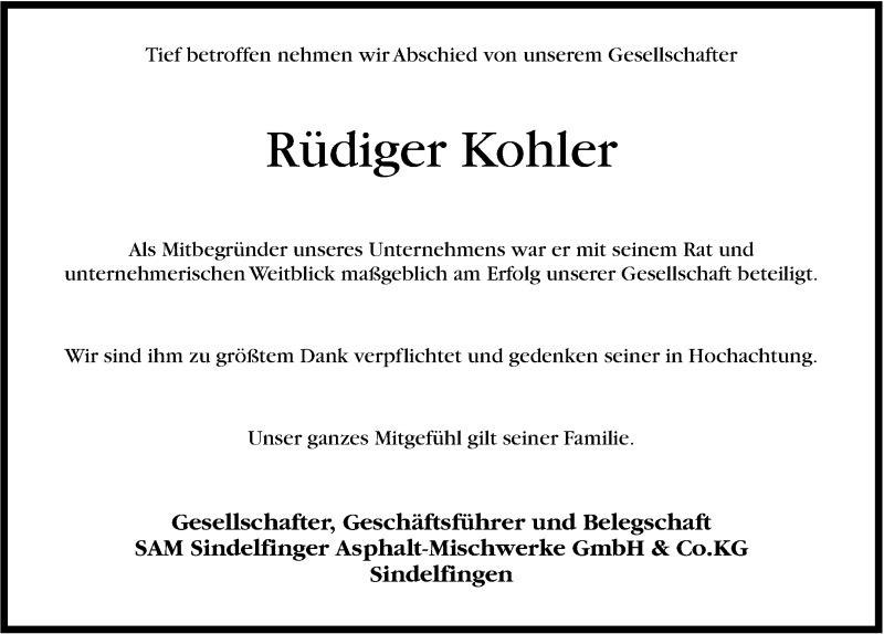  Traueranzeige für Rüdiger Kohler vom 04.03.2014 aus Stuttgarter Zeitung / Stuttgarter Nachrichten