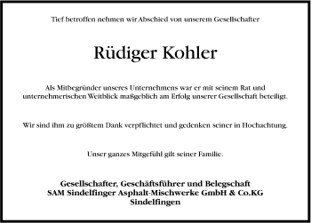 Traueranzeige von Rüdiger Kohler von Stuttgarter Zeitung / Stuttgarter Nachrichten