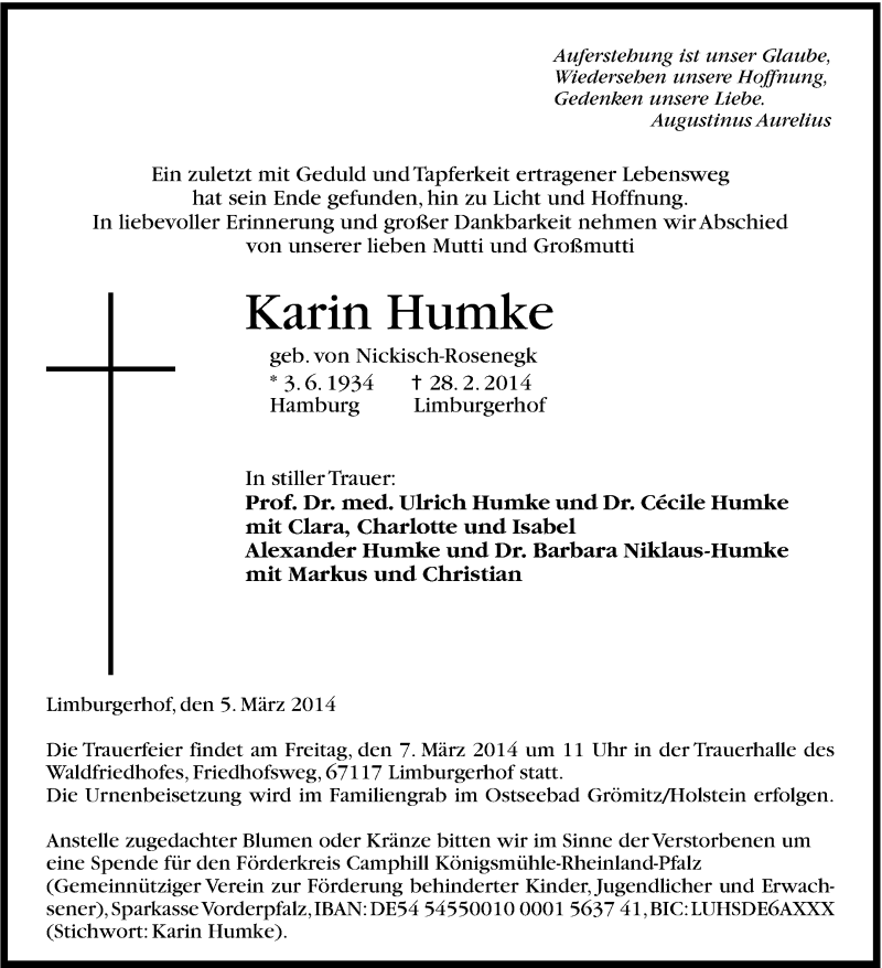  Traueranzeige für Karin Humke vom 05.03.2014 aus Stuttgarter Zeitung / Stuttgarter Nachrichten