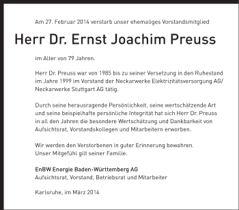 Traueranzeige von Ernst Joachim Preuss von Stuttgarter Zeitung / Stuttgarter Nachrichten