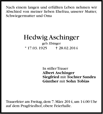 Traueranzeige von Hedwig Aschinger von Stuttgarter Zeitung / Stuttgarter Nachrichten