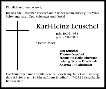 Traueranzeige von Karl-Heinz Leuschel von Stuttgarter Zeitung / Stuttgarter Nachrichten