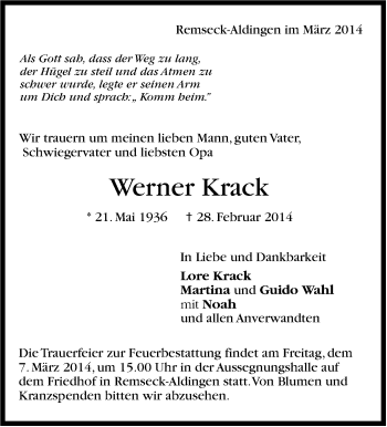 Traueranzeige von Werner Krack von Stuttgarter Zeitung / Stuttgarter Nachrichten