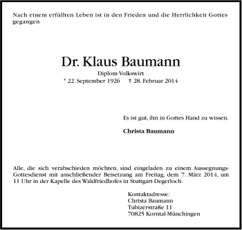 Traueranzeige von Klaus Baumann von Stuttgarter Zeitung / Stuttgarter Nachrichten