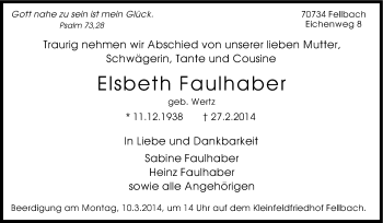 Traueranzeige von Elsbeth Faulhaber von Stuttgarter Zeitung / Stuttgarter Nachrichten