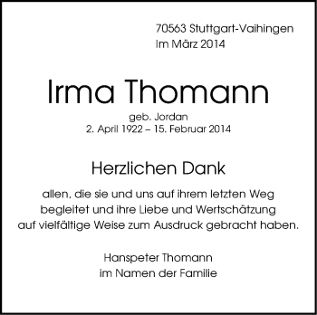 Traueranzeige von Irma Thomann von Stuttgarter Zeitung / Stuttgarter Nachrichten