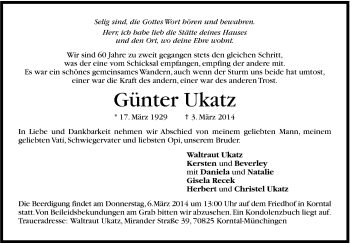 Traueranzeige von Günter Ukatz von Stuttgarter Zeitung / Stuttgarter Nachrichten