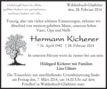 Traueranzeige von Hermann Kicherer von Stuttgarter Zeitung / Stuttgarter Nachrichten