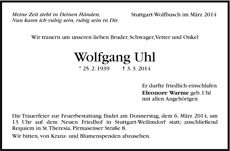  Traueranzeige für Wolfgang Uhl vom 05.03.2014 aus Stuttgarter Zeitung / Stuttgarter Nachrichten