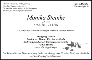 Traueranzeige von Monika Steinke von Stuttgarter Zeitung / Stuttgarter Nachrichten