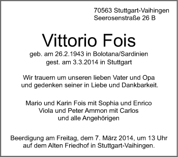 Traueranzeige von Vittorio Fois von Stuttgarter Zeitung / Stuttgarter Nachrichten