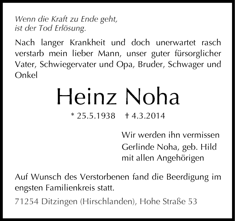  Traueranzeige für Heinz Noha vom 12.03.2014 aus Stuttgarter Zeitung / Stuttgarter Nachrichten