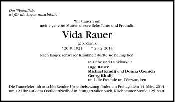 Traueranzeige von Vida Rauer von Stuttgarter Zeitung / Stuttgarter Nachrichten