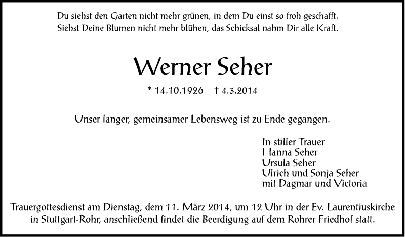  Traueranzeige für Werner Seher vom 07.03.2014 aus Stuttgarter Zeitung / Stuttgarter Nachrichten