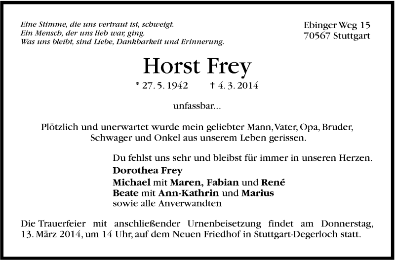  Traueranzeige für Horst Frey vom 08.03.2014 aus Stuttgarter Zeitung / Stuttgarter Nachrichten