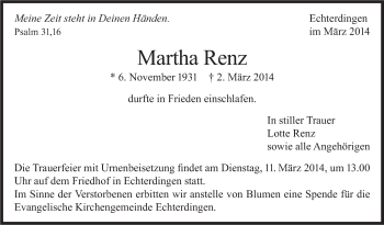 Traueranzeige von Martha Renz von Stuttgarter Zeitung / Stuttgarter Nachrichten
