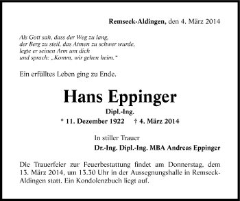 Traueranzeige von Hans Eppinger von Stuttgarter Zeitung / Stuttgarter Nachrichten