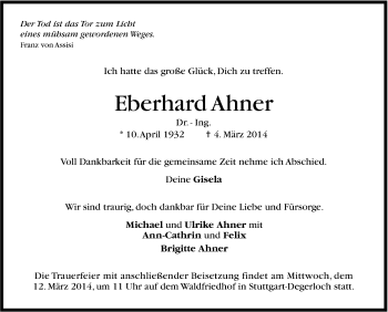 Traueranzeige von Eberhard Ahner von Stuttgarter Zeitung / Stuttgarter Nachrichten