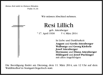Traueranzeige von Resi Lillich von Stuttgarter Zeitung / Stuttgarter Nachrichten