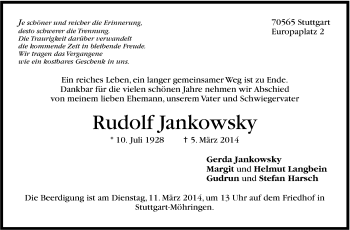 Traueranzeige von Rudolf Jankowsky von Stuttgarter Zeitung / Stuttgarter Nachrichten